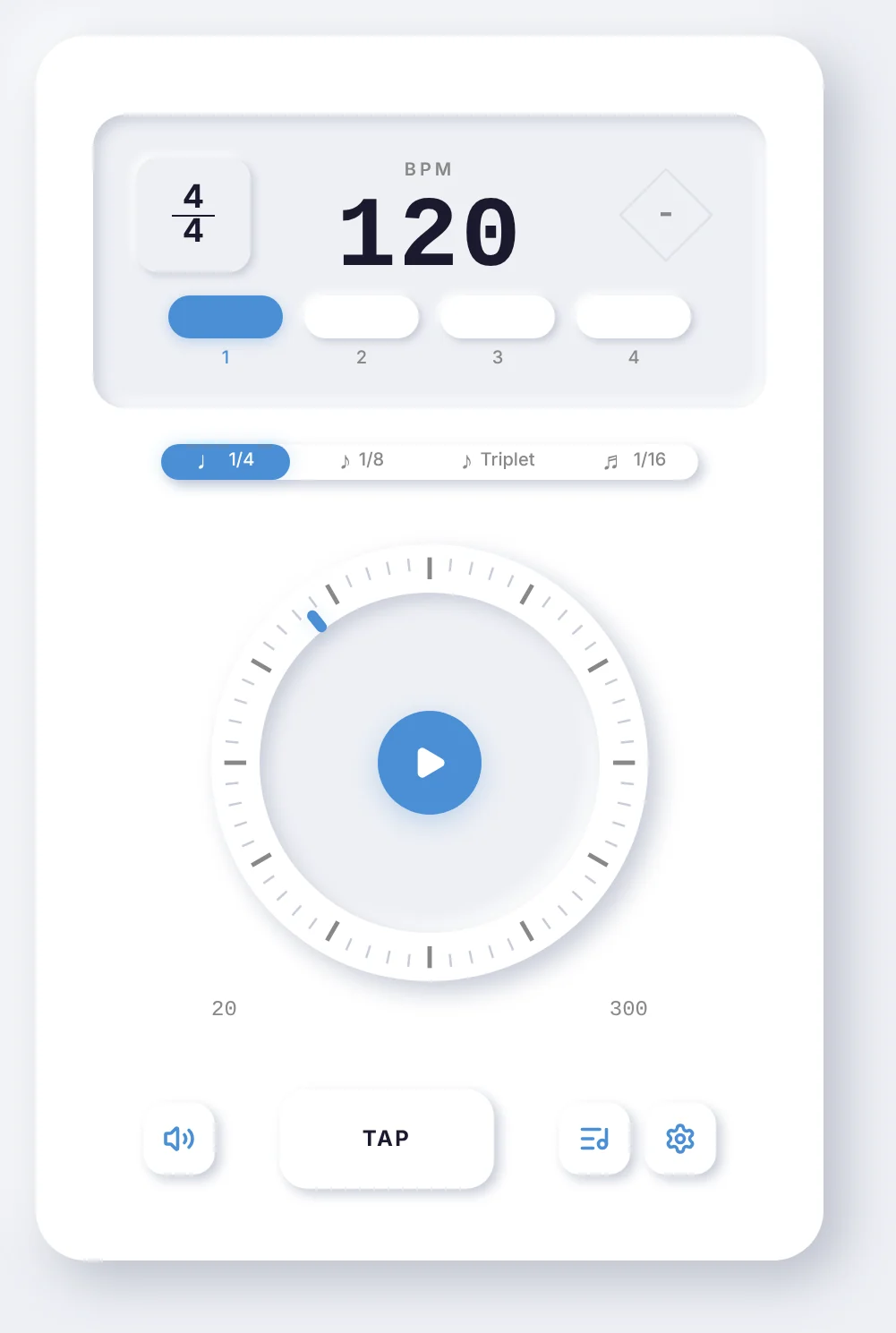 TempoMaster metronome with BPM dial, beat accents and subdivisions